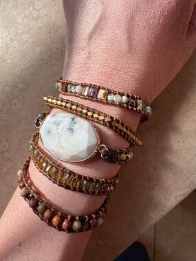 Handcrafted Multi-Strand Brown Beaded Wrap Bracelet with White Stone
